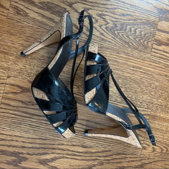 Saks Fifth Ave black leather cork stilettos - Picture 2 of 7